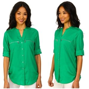 Calvin Klein roll-up sleeve green blouse